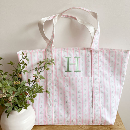 foral pink striped jumbo tote bag with custom embroidered initial in silver sage thread