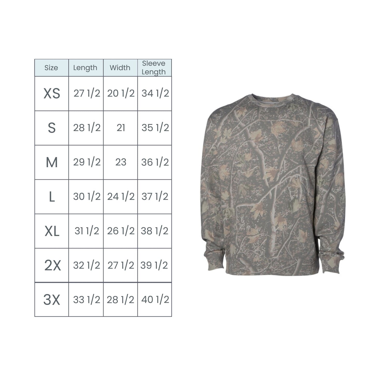 Gray sweatshirt with floral pattern next to a size chart on a white background