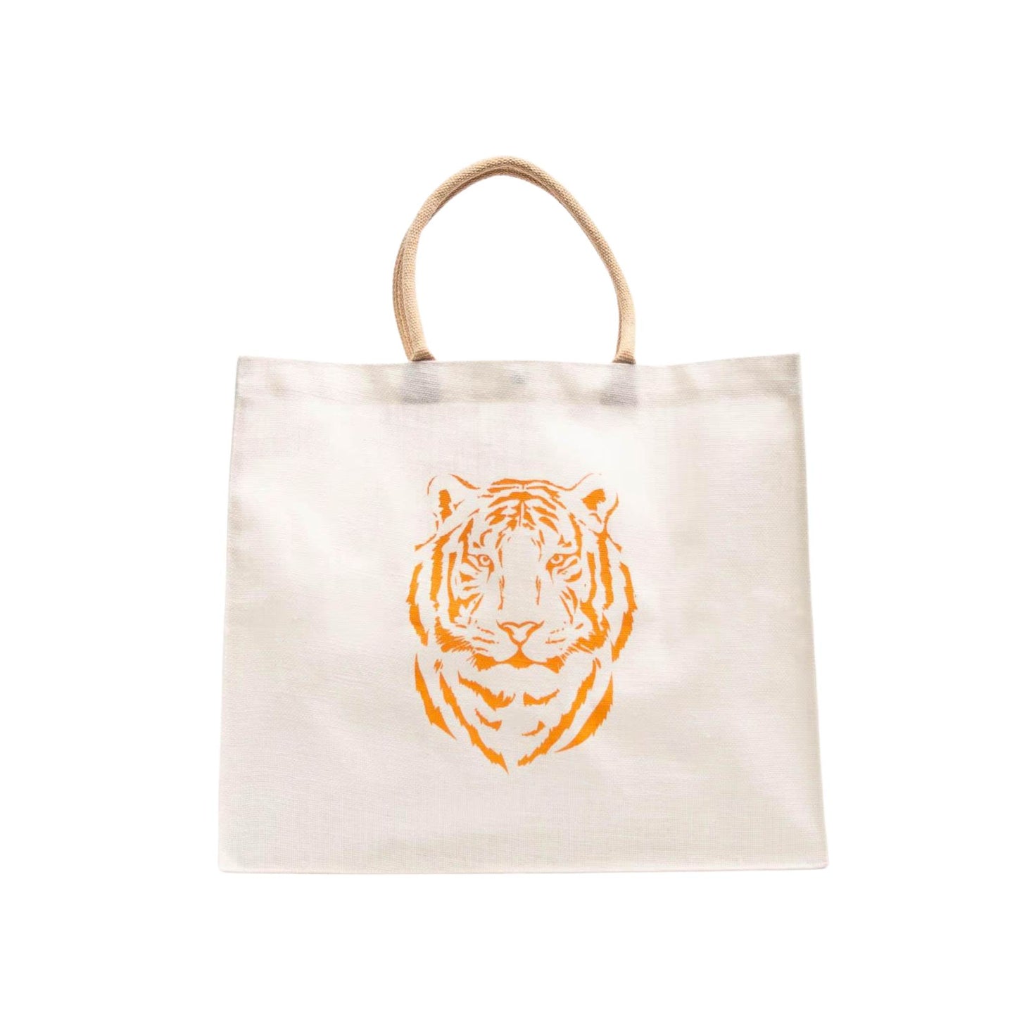 natural jute carryall tote with custom orange tiger print on one side