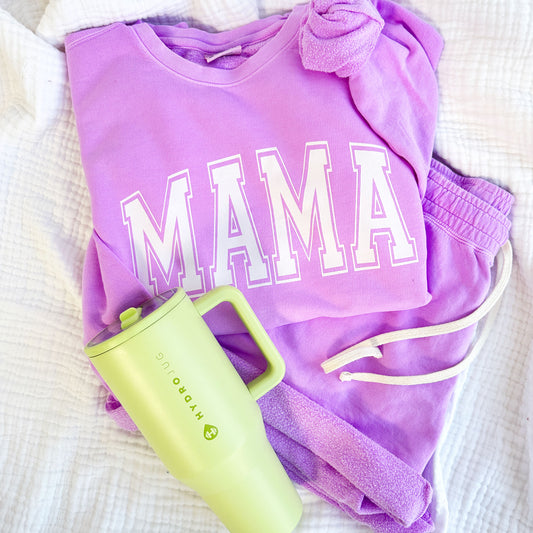 neon violet comfort colors lounge set with shorts and large mama print across the chest