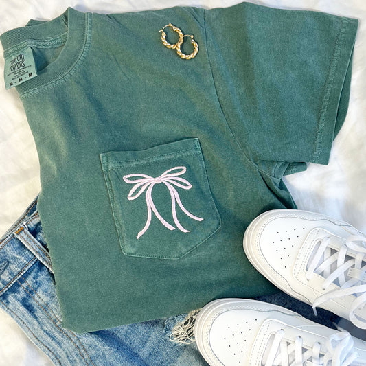 blue spruce pocket tee with cute ribbon bow embroidered design on the left chest pocket
