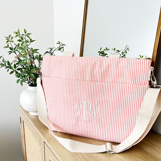 custom embroidered rose tan striped cooler tote with shoulder and crossbody straps
