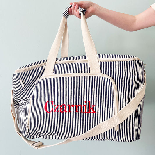 navy and natural striped box cooler with custom name embroidery in red thread