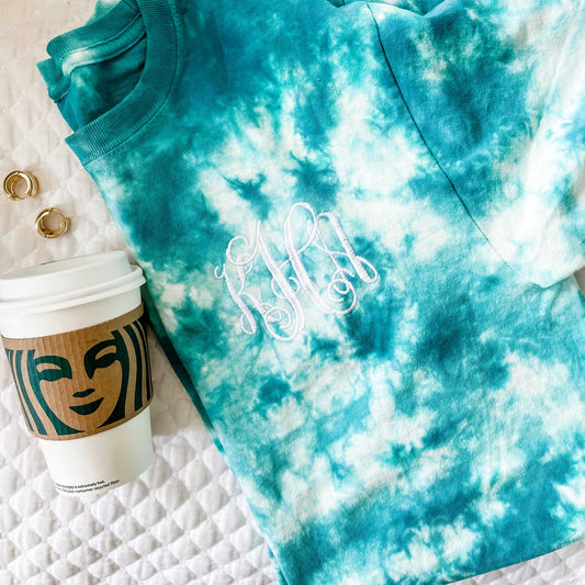 teal blue crystal tie dye tee with custom monogram embroidery