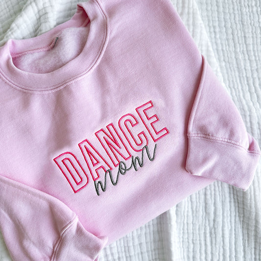 Light Pink crewneck sweatshirt with embroidered dance mom design in pink and grey threads
