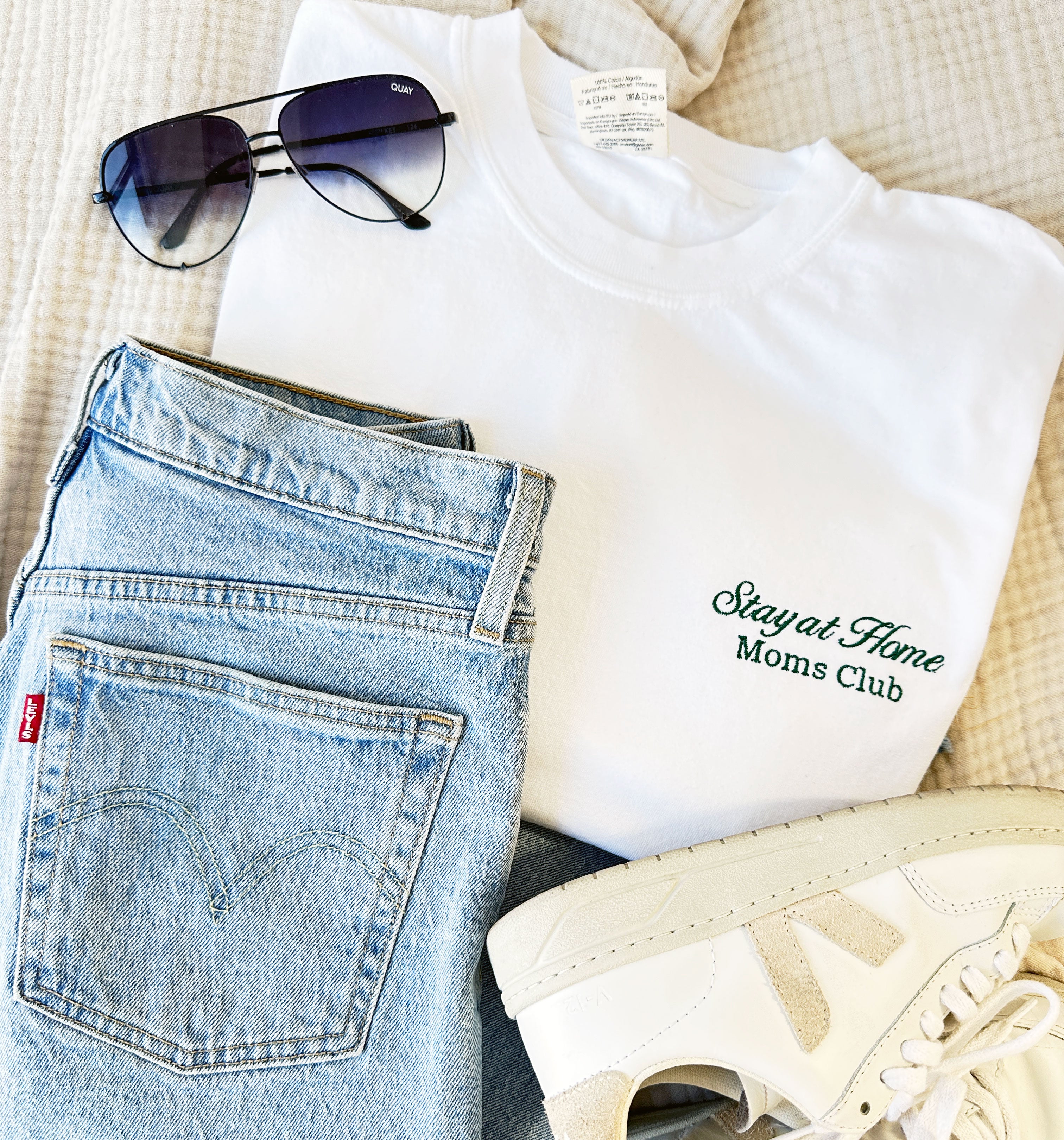 OUTFIT FOR MOM FEATURING OUR EMBROIDERED STAY AT HOME MOMS CLUB TEE 