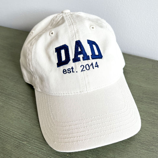 stone baseball hat with custom varsity block font dad embroidered design and personalized date