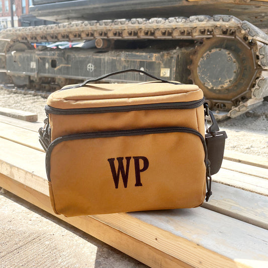 brown lunch cooler with custom two letter embroidered design