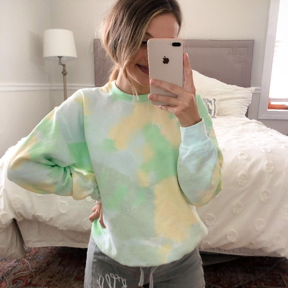 Be Kind Embroidered Daisy Lemon Lime Tie-Dye Crewneck Sweatshirt