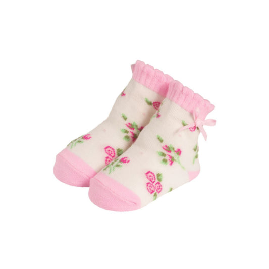 Floral-patterned socks with pink accents on a white background