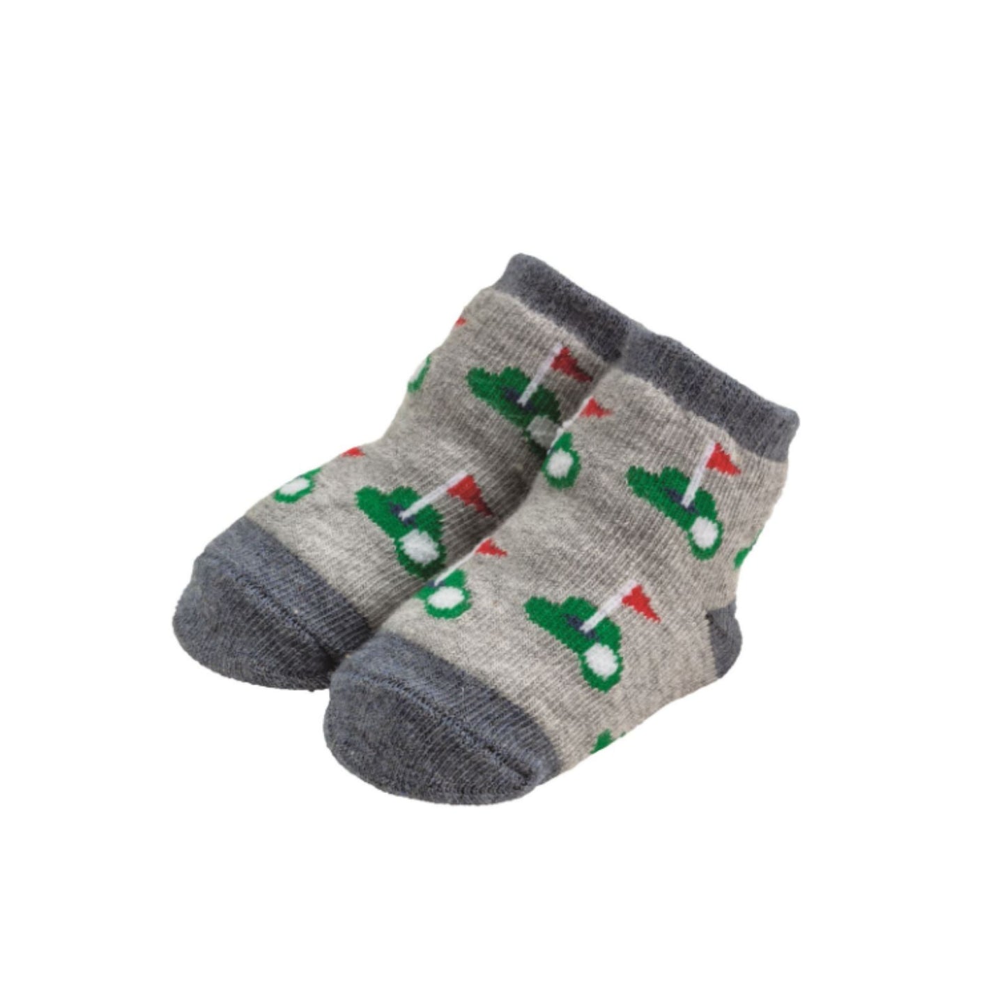 Gray socks with green and red patterns on a white background