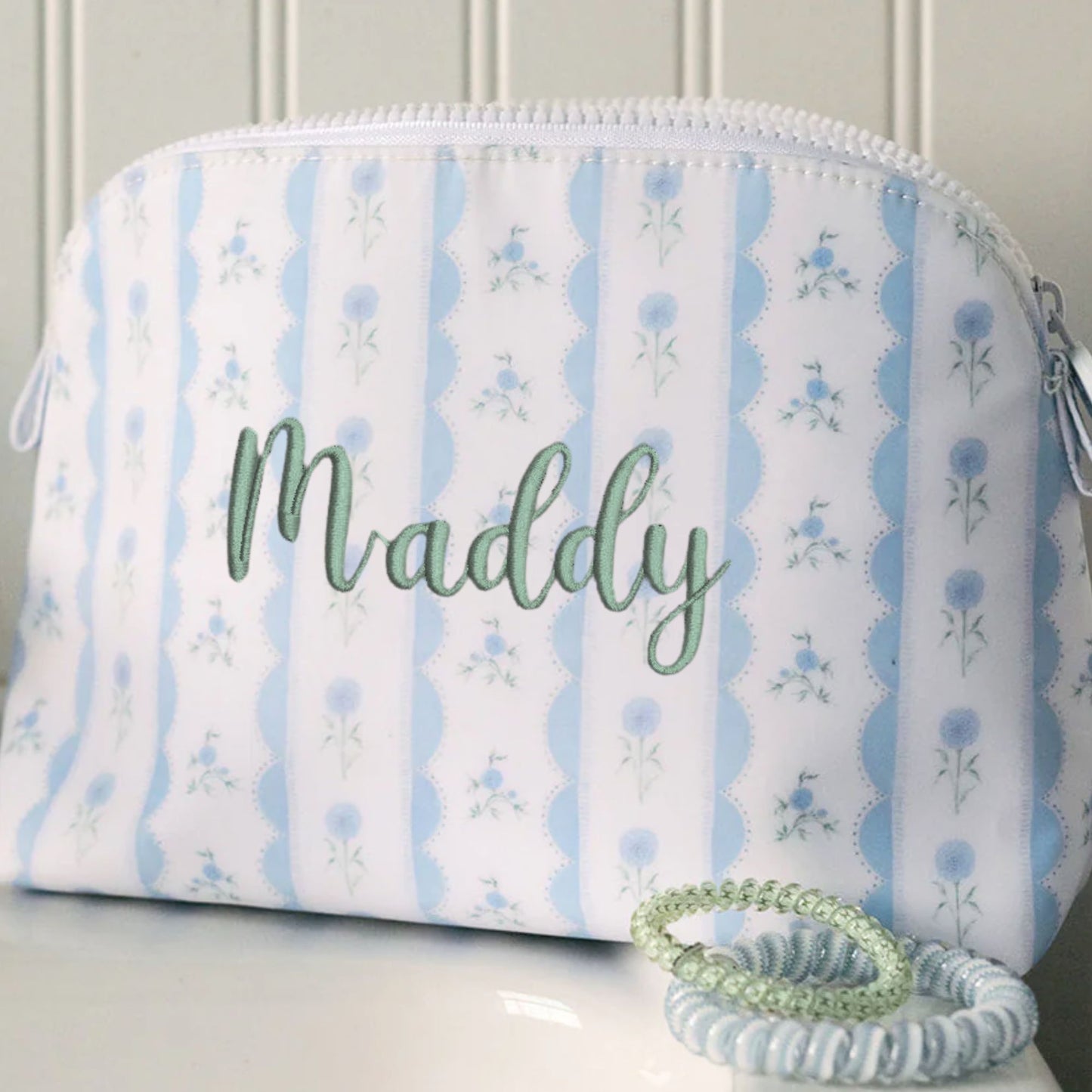 ribbon floral blue goodie cosmetic pouch with custom name embroidery in eucalyptus thread