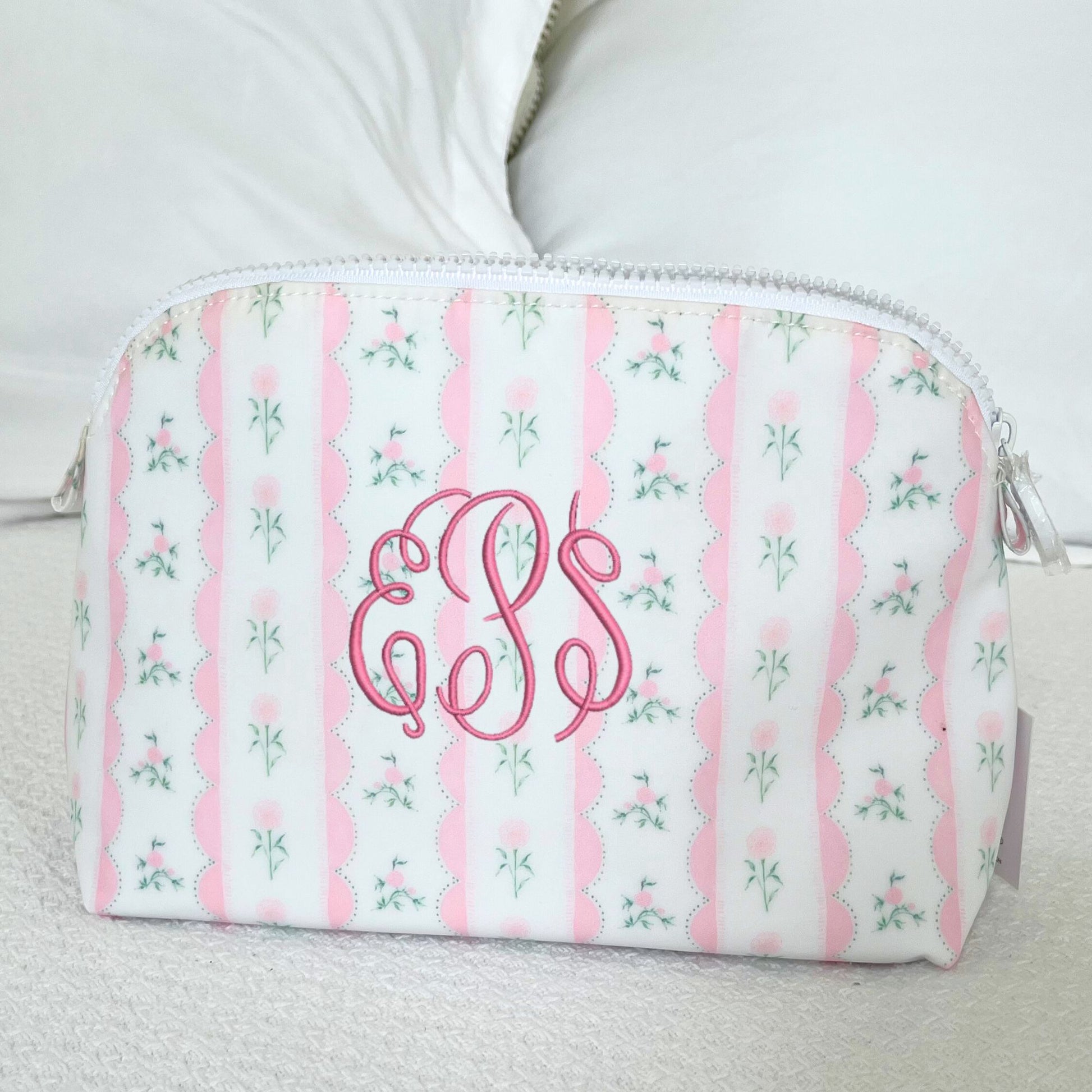 ribbon floral pink goodie cosmetic pouch with custom monogram embroidery in pink thread
