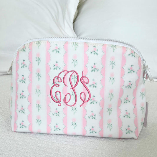 ribbon floral pink goodie cosmetic pouch with custom monogram embroidery in pink thread
