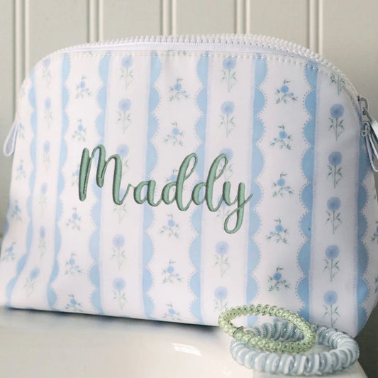 ribbon floral blue goodie cosmetic pouch with custom name embroidery in eucalyptus thread