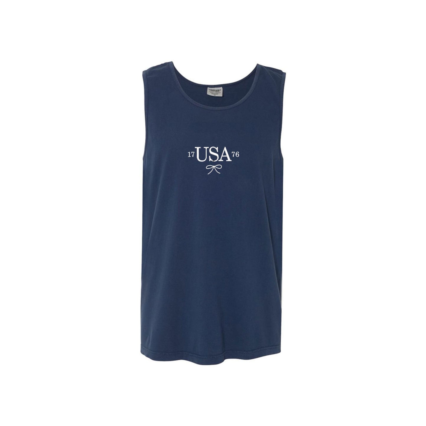 navy tank with white usa 1776 dainty bow embroidered design