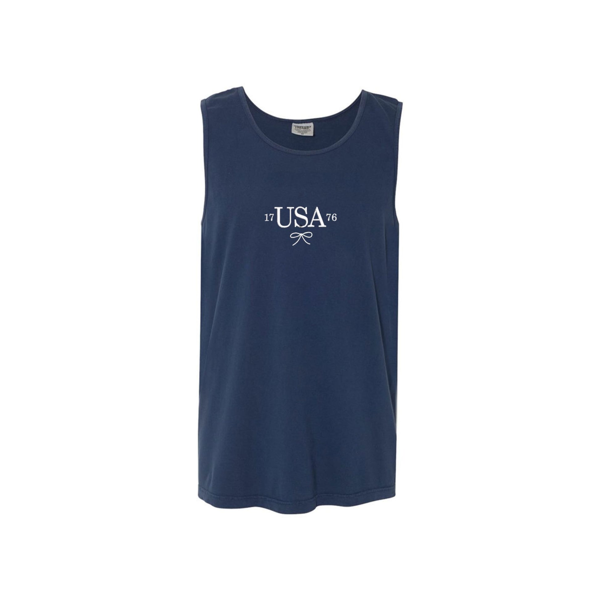 navy tank with white usa 1776 dainty bow embroidered design
