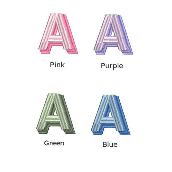 Embroidery color options, pink, purple, green, or blue
