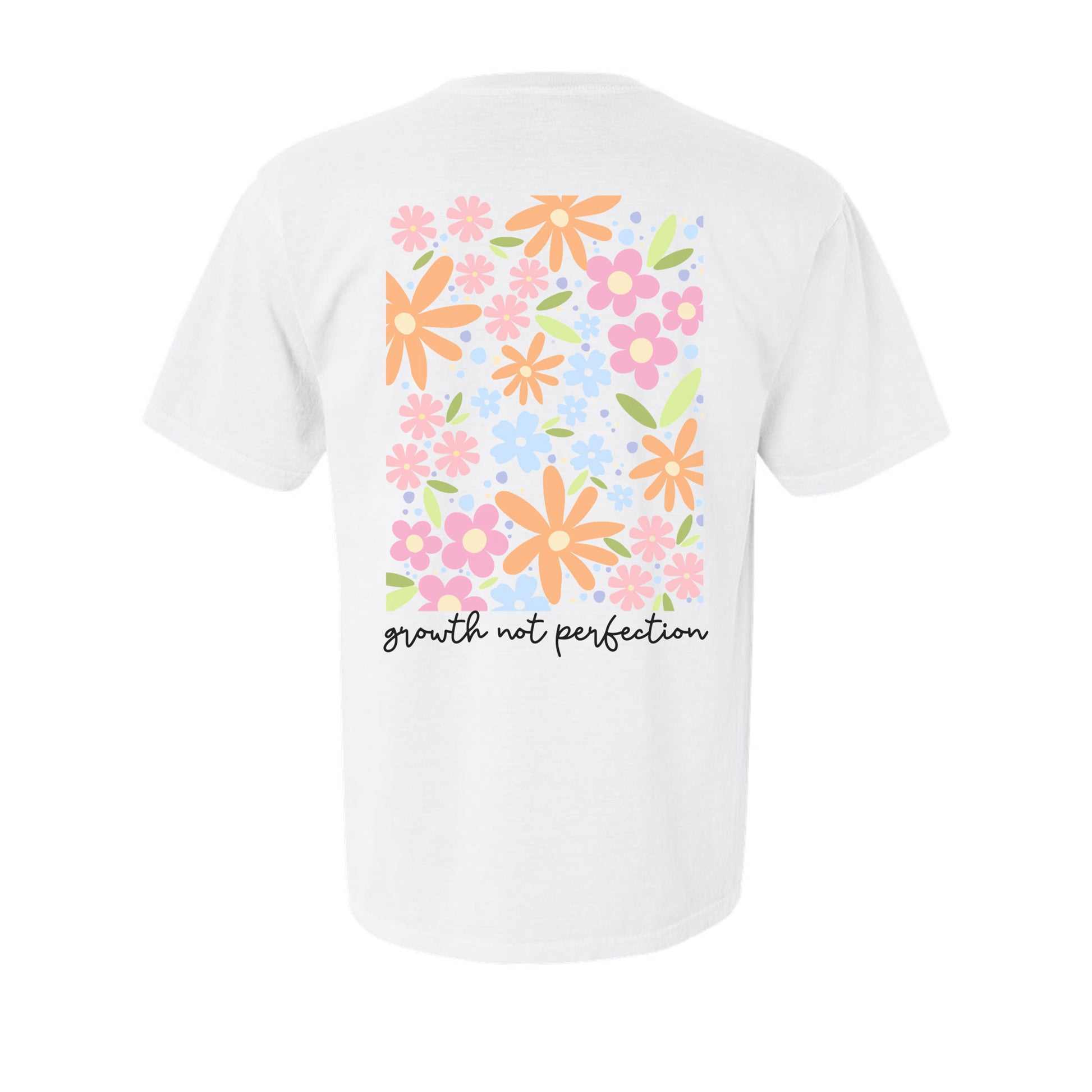 outfit featuring blue jeans and a white crewneck comfort colors t-shirt with a large floral print featuring a positive message reading growth not perfection on the back