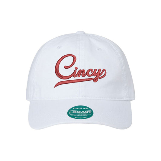 white baseball hat with embroidered cincy design in red thread