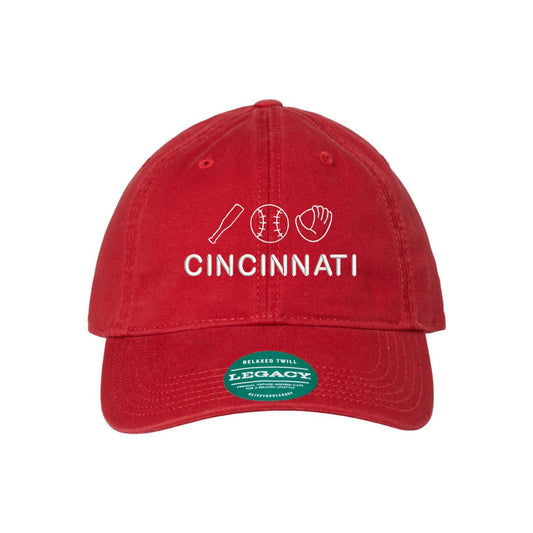 Scarlet red baseball hat with embroidered small baseball icons, bat, ball, glove, and text cincinnati under the icons in white hread 