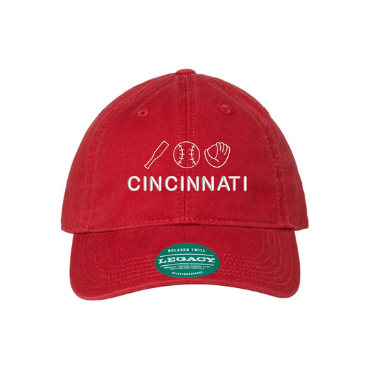 Scarlet red baseball hat with embroidered small baseball icons, bat, ball, glove, and text cincinnati under the icons in white hread