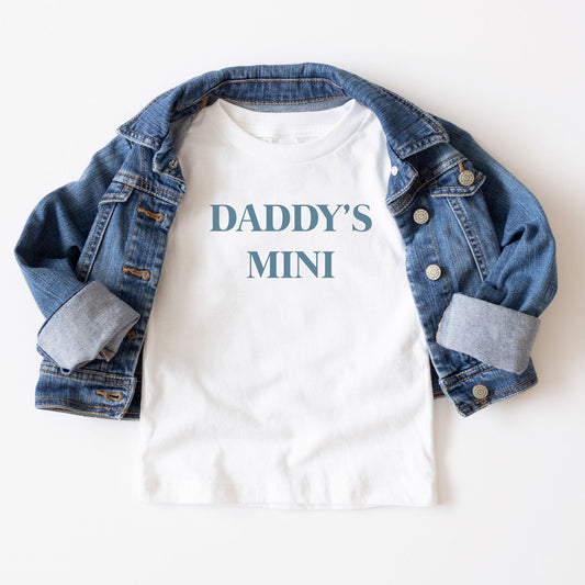 youth jean jacket and a white tee featuring a custom dtg printed design reading '"daddy's mini" across the chest