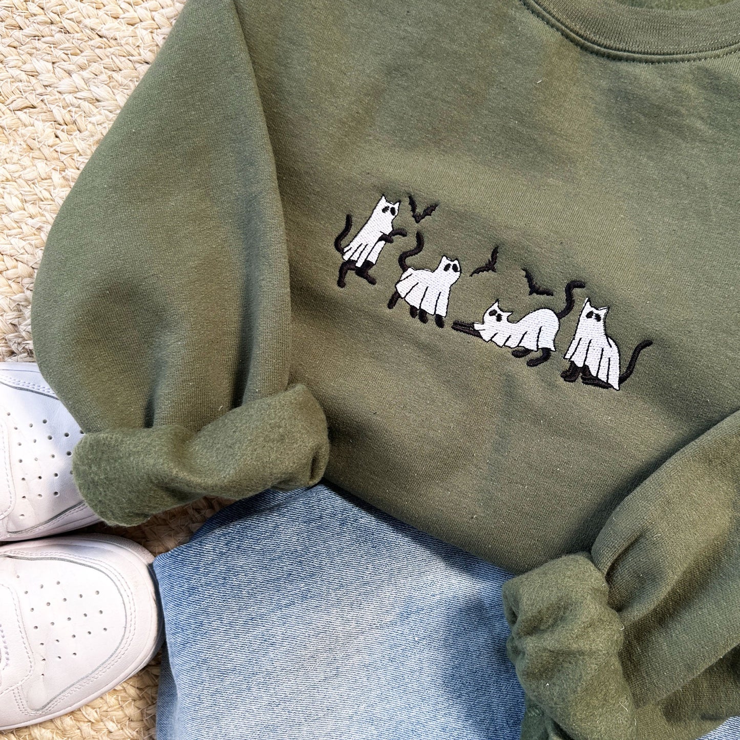 Embroidered Ghost Cat Gemma Crewneck Sweatshirt