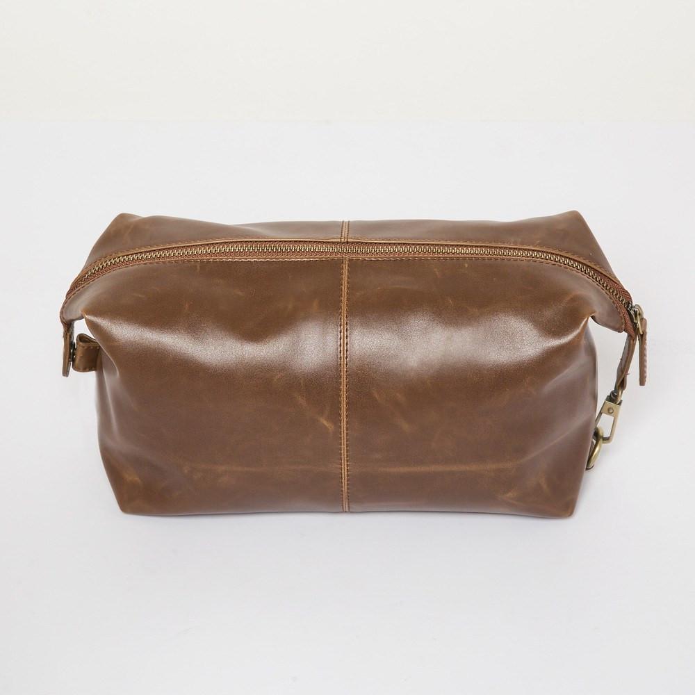 faux brown leather dopp kit front view