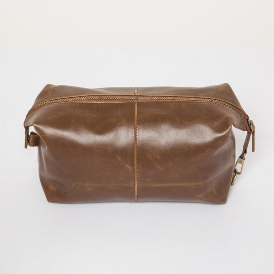 faux brown leather dopp kit front view