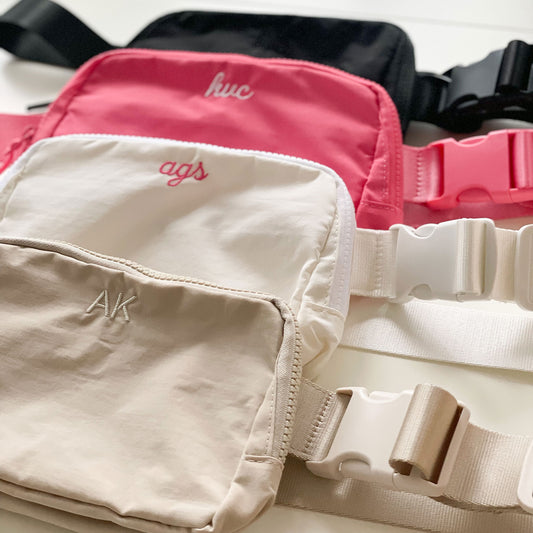 black, pink, white, and beige nylon crossbody back with custom mini monogram design