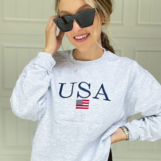 USA Sweatshirt with American Flag Embroidery