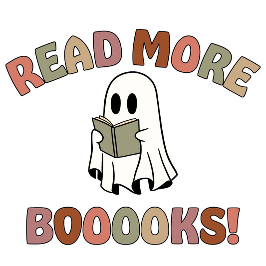 mockup of a printed design reading 'read more booooks! with a ghost reading a book for a shirt.