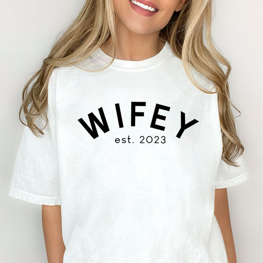 Custom Wedding Date Wifey T-Shirt with Curved Print