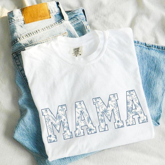 blue toile floral DTG printed MAMA Comfort Colors T-shirt
