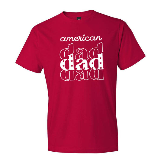 red t-shirt with a patriotic 'american dad' print in white