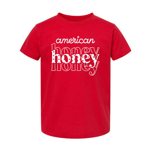 red child's t-shirt with a white 'american honey' dtg print