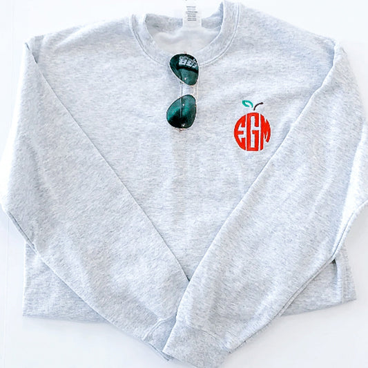 Ash gray sweatshirt with red apple monogram with green leaf and brown thread embroidery