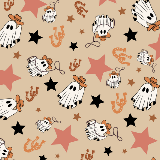 design featuring black stars, peach stars, cowboy ghosts, and horseshoes