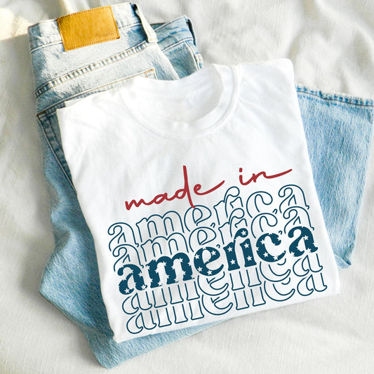 white t-shirt featuring a made in america retro red white and blue print