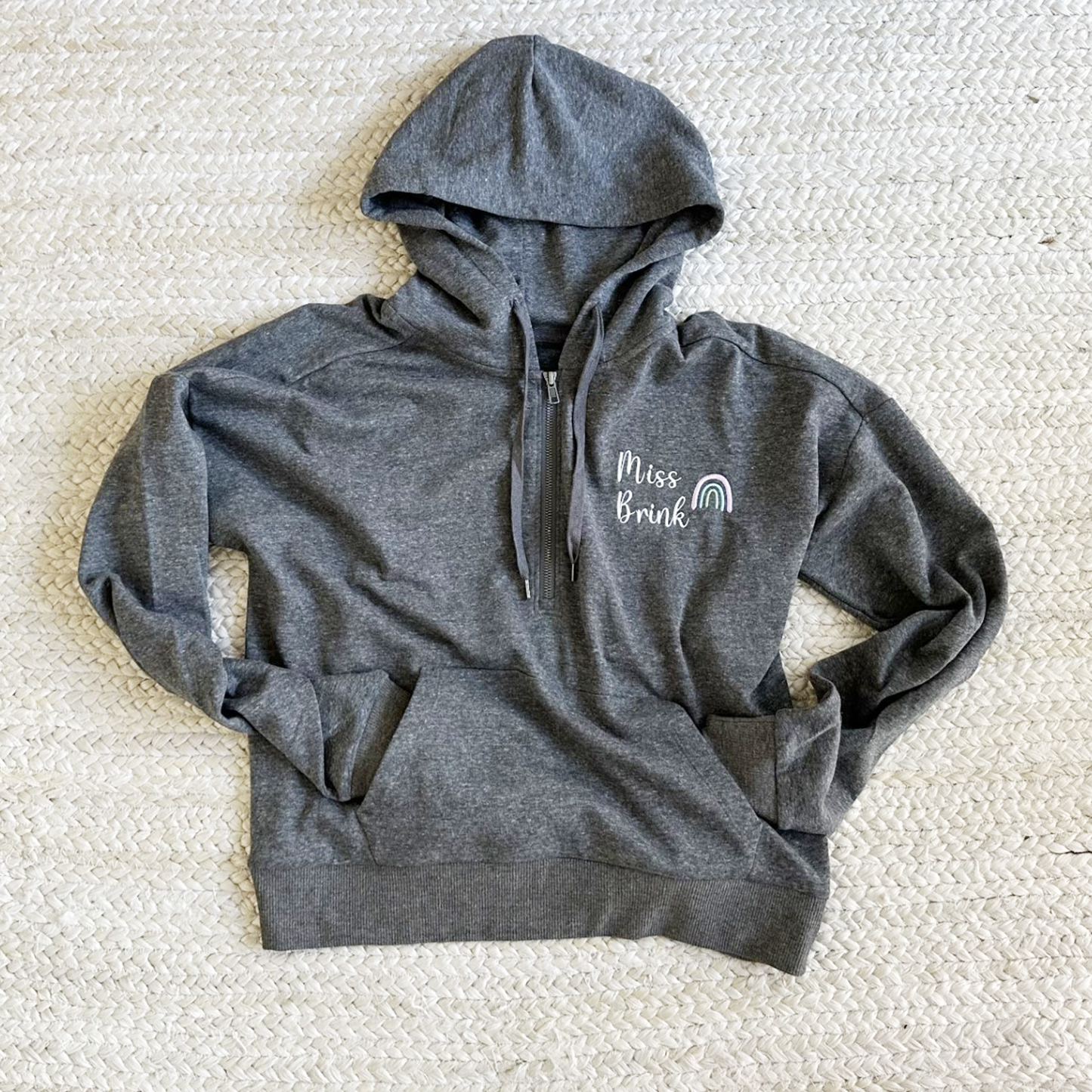 Customizable Ladies Tri-Fleece Hooded Pullover for Teachers with Rainbow Design