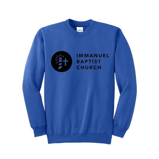 royal blue youth crewneck with immanuel baptist church printed logo on the front