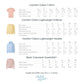 Size chart for clothing including t-shirt, pullover, hoodie, and sweatshirt.