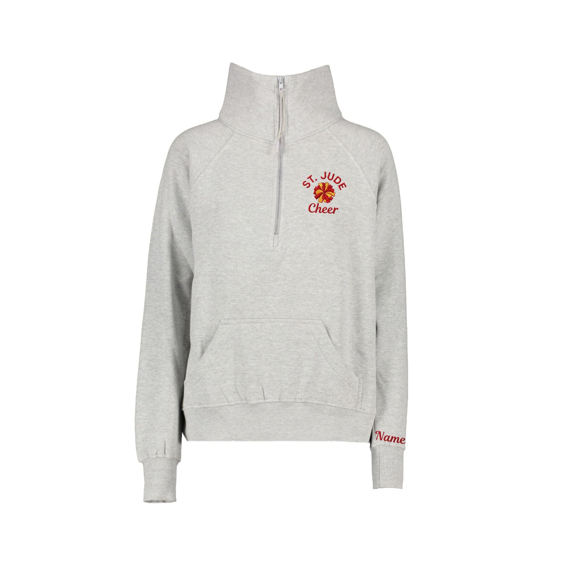 Athletic Heather boxy quarter zip sweatshirt with st. jude cheer pom pom embroidered design on the left chest with name cuff embroidery option