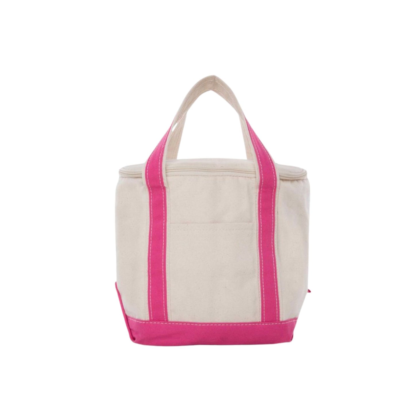 Beige tote cooler bag with hot pink trim on a white background
