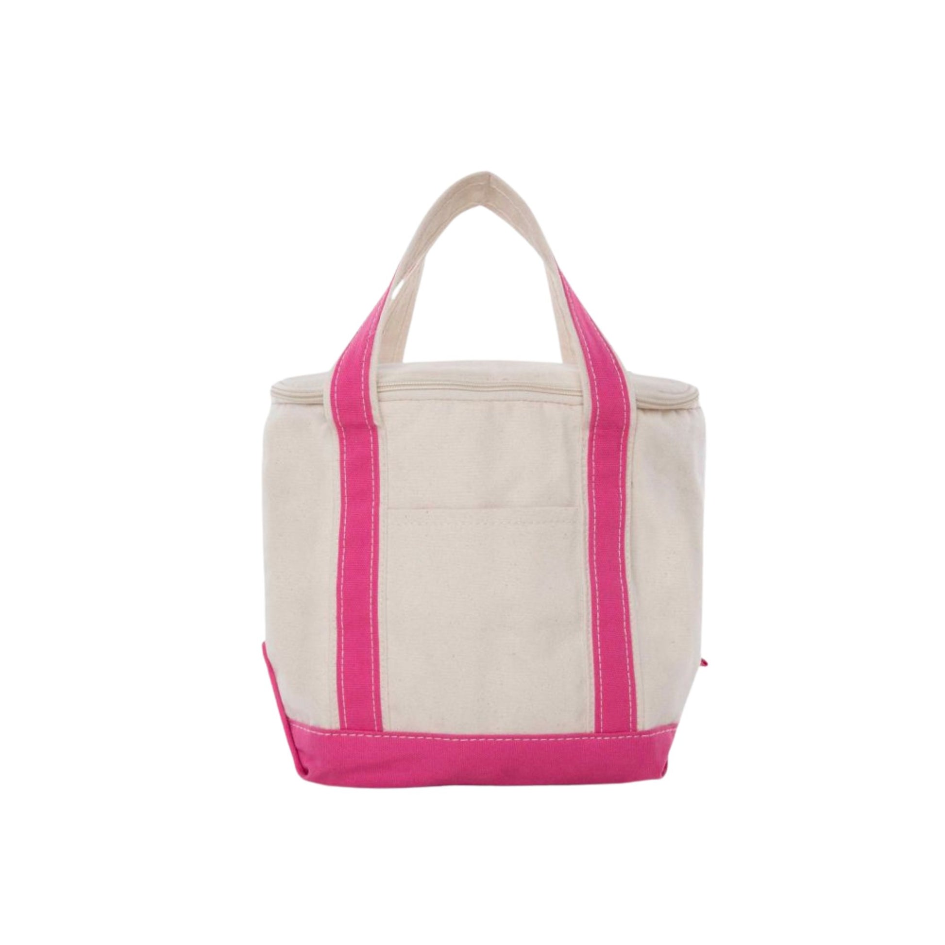 Beige tote cooler bag with hot pink trim on a white background