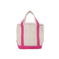 Beige tote cooler bag with hot pink trim on a white background