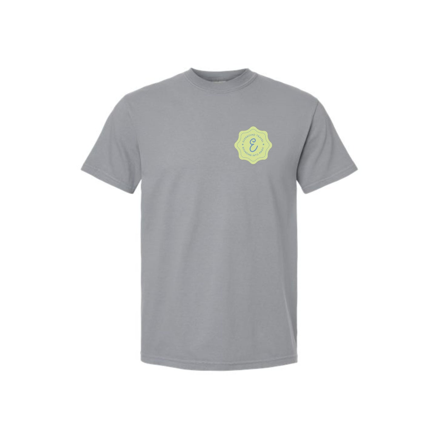 Gray t-shirt with a green logo on a white background