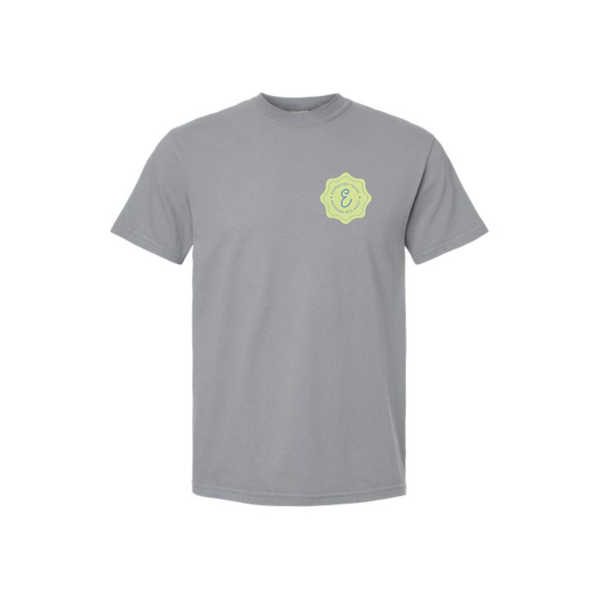 Gray t-shirt with a green logo on a white background