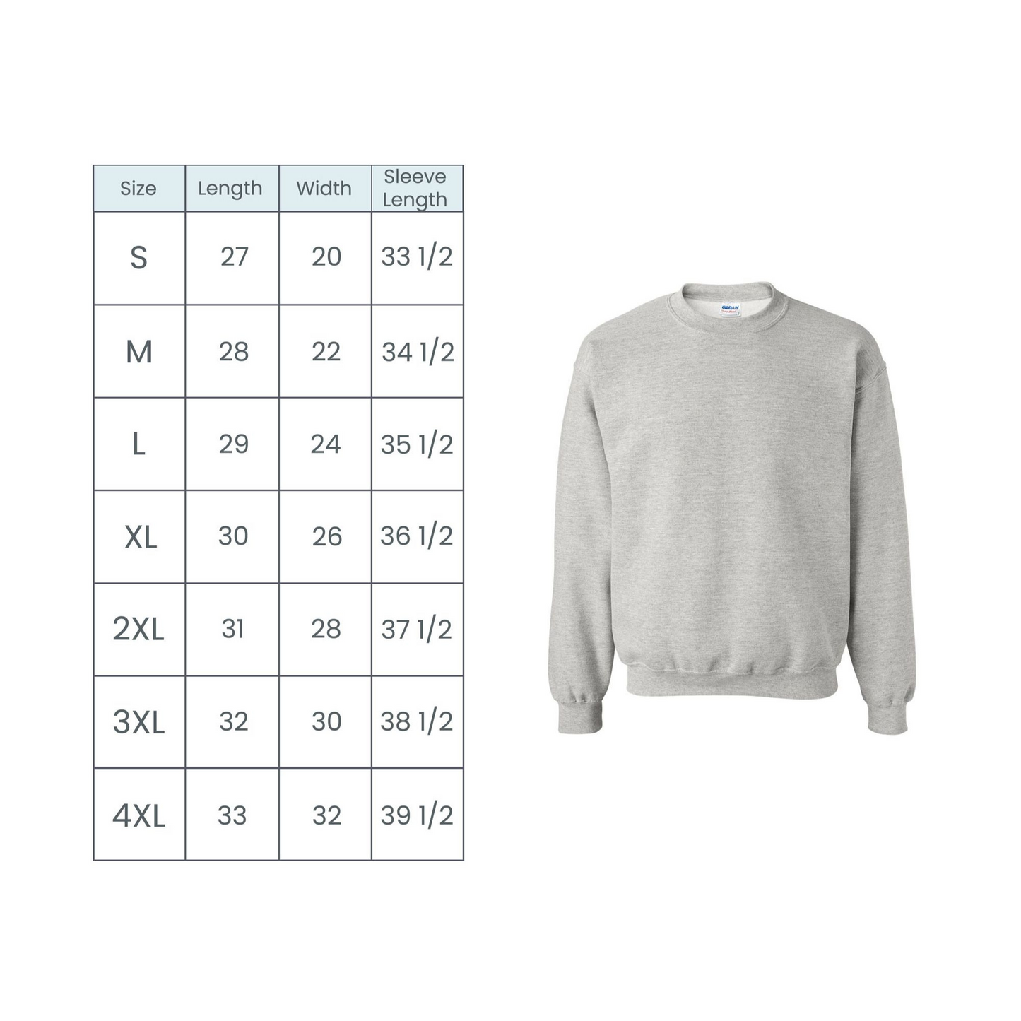 Gray sweatshirt with size chart on a white background